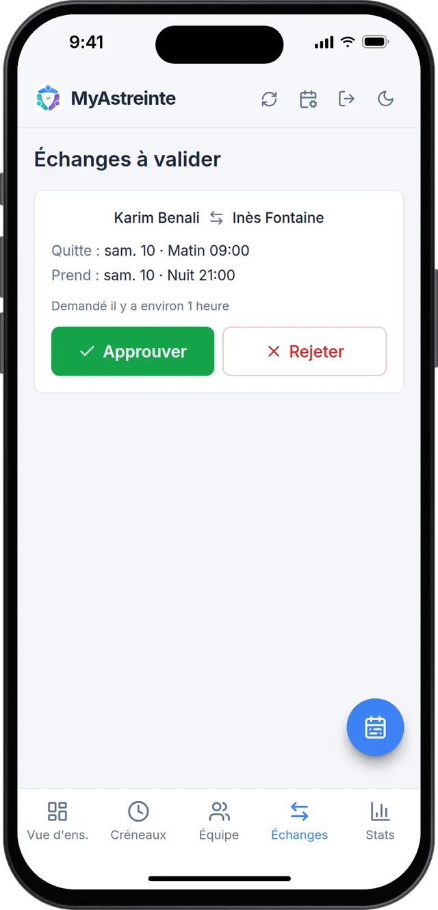 Écran de l'organisation&nbsp;: un échange en attente de validation