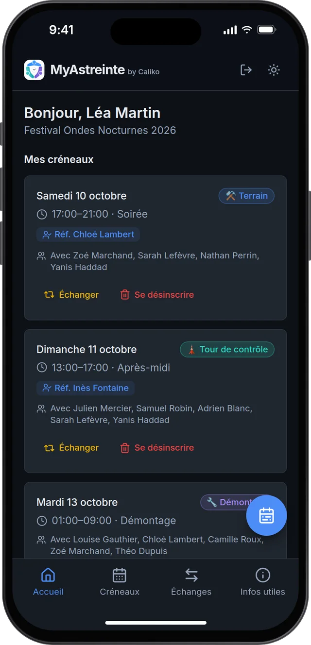 Accueil équipier en mode sombre
