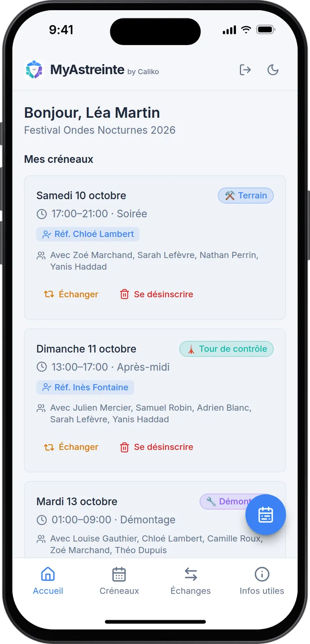 Écran d'accueil d'un équipier&nbsp;: ses créneaux avec rôle, référent et coéquipiers
