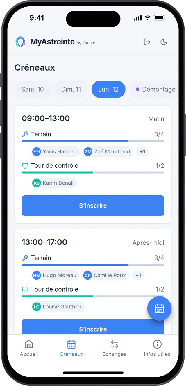 Écran Créneaux de MyAstreinte&nbsp;: places restantes par rôle et bouton S'inscrire