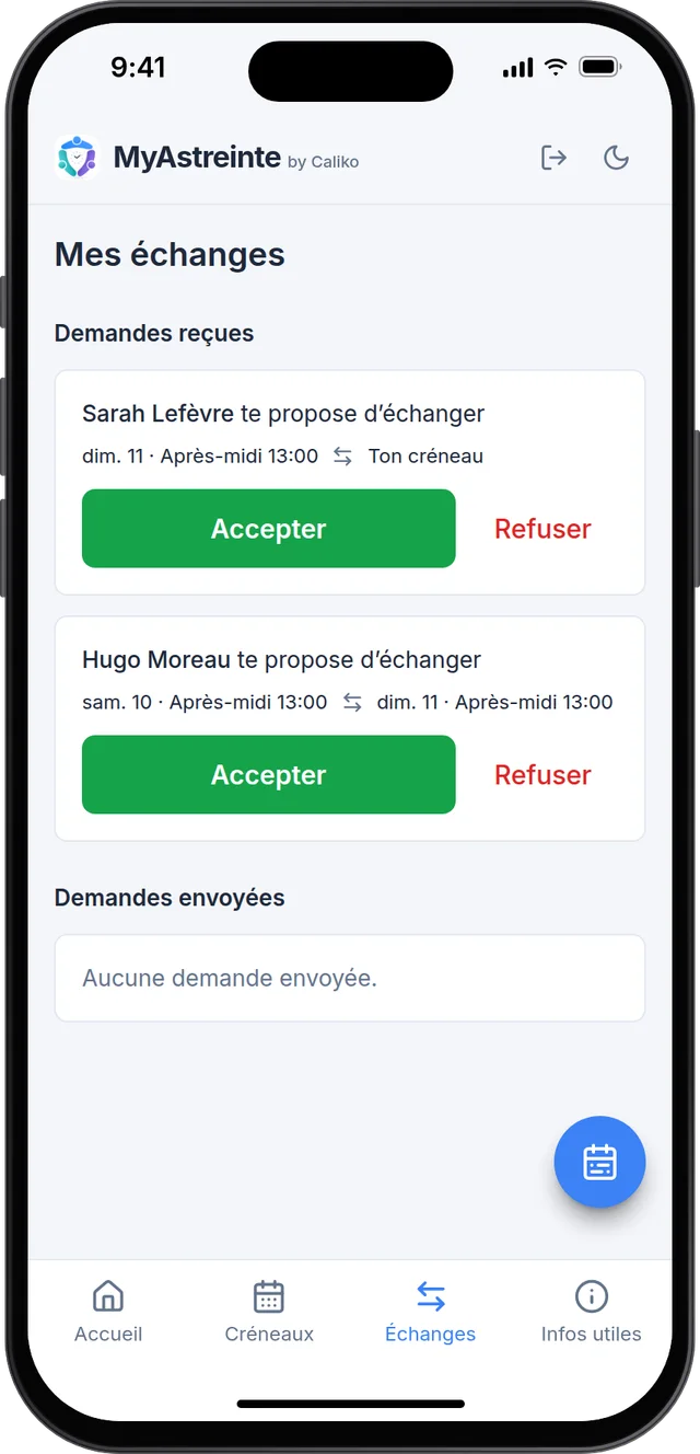Demandes d'échange reçues par un équipier, avec boutons Accepter et Refuser