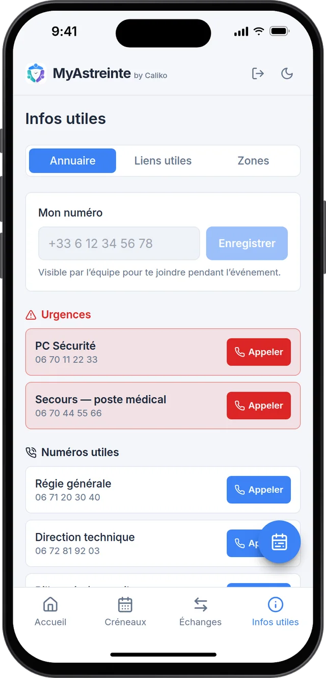 Onglet Infos utiles&nbsp;: numéros d'urgence et numéros utiles avec bouton Appeler